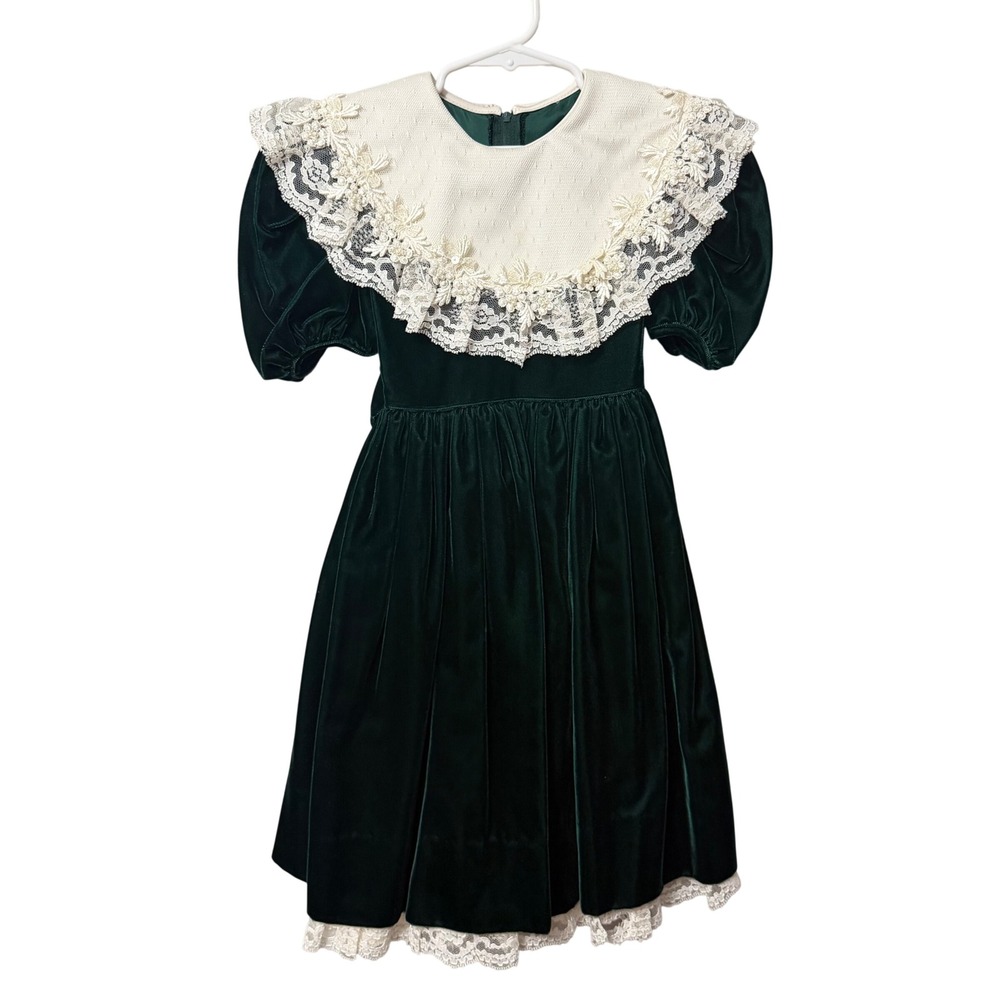 Jayne Copeland Vintage Girls 5 Green Velvet Lace Collar Puff Sleeve Dress USA 5